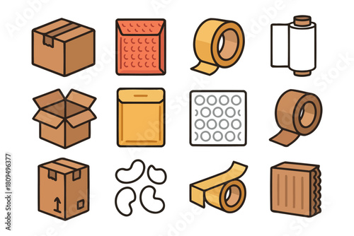 Assorted packaging supplies icons: boxes, tape, bubble wrap, padded envelopes.