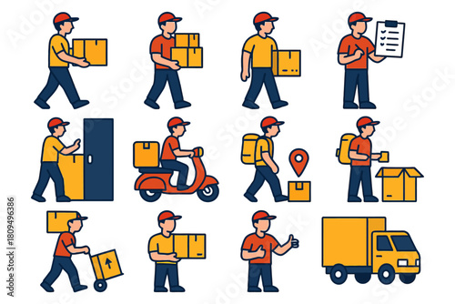 Cartoon delivery workers with packages and vehicles: male characters illustrating various tasks.