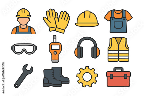 Collection of construction safety equipment icons in flat design.
