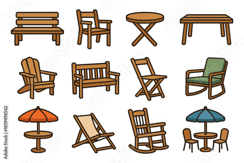 Collection of various outdoor furniture including chairs, tables, benches, and umbrellas.