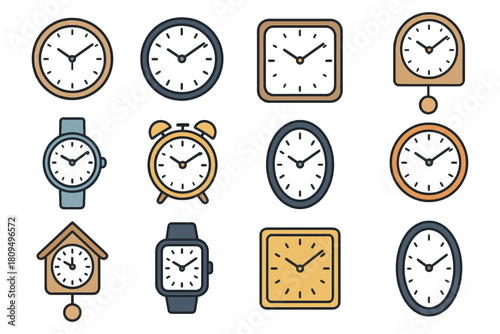Variety of cartoon clocks in different shapes and styles.
