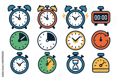 Variety of alarm clocks and timers in different styles and colors.
