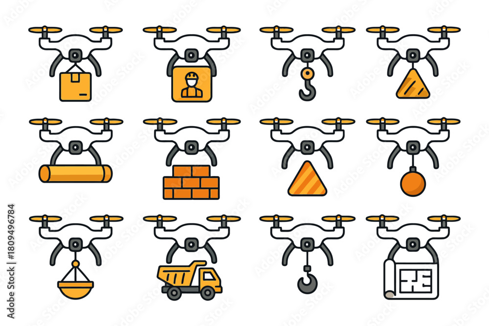Naklejka premium Autonomous delivery drones performing various tasks and operations.