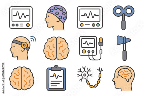 Neuroscience icons: brain, eeg, neurons, hammer, electrodes, monitoring equipment.