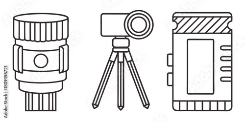 A camera lens, tripod with camera, and film canister are shown in a line drawing.