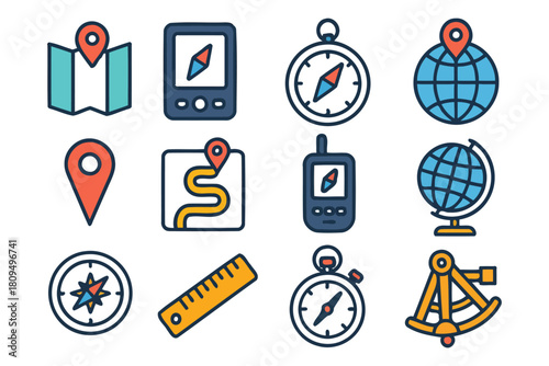 Colorful navigation icons set: maps, compasses, globe, location marker, gps devices.