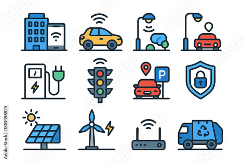 Smart city technologies and sustainable urban solutions illustrated icons.