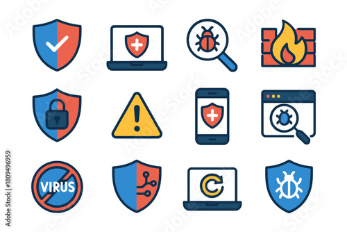 Cybersecurity icons: firewall, antivirus, malware, shield, virus protection.