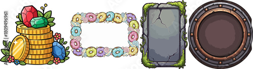 Collection of cartoon game interface elements including coins jewels donuts stone and shield
