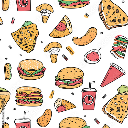 Seamless fast food pattern with hand drawn burgers pizza sandwiches fries soda and snack doodle illustrations on white background vector design