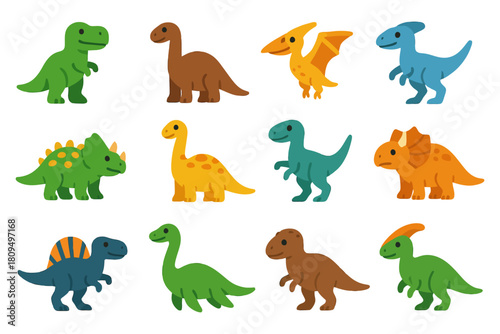 Colorful cartoon dinosaurs collection: t-rex, triceratops, brachiosaurus, stegosaurus, pterodactyl.