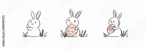 Minimalist hand drawn cartoon white bunny in grass holding decorated Easter egg in three stages simple line art vector illustration