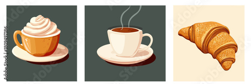 Whipped cream topped coffee cup with saucer, steaming black coffee cup with saucer, golden flaky croissant pastry isolated on colored backgrounds vector illustration set