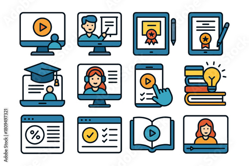 Online learning icons set with computer, certificate, book, and video elements.