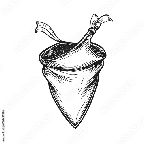Hand drawn neck bandana tied in a knot vintage sketch style, western cowboy accessory illustration with simple line art details isolated on white background vector