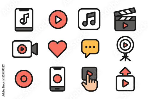Set of colorful video and music icons including play, record, and heart symbols.