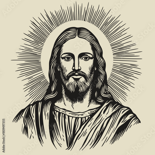 Jesus Christ portrait with glowing halo radiant light rays vintage woodcut engraving style black and white vector illustration religious icon spiritual figure