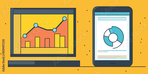 Flat minimalist vector of analytics dashboard with bar and line graph on laptop screen and pie chart report on mobile device screen for business data visualization and SEO performance tracking