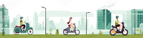 Young adults riding electric scooter, e-bike, and electric motorcycle in modern eco city with green urban background and sustainable transportation concept