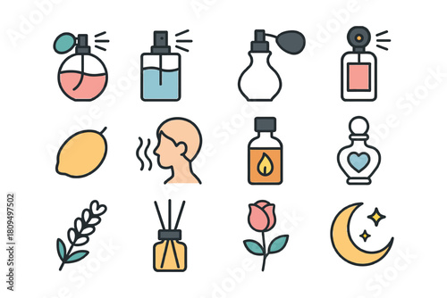 Aromatic icons: perfume bottles, candles, flowers, and relaxation symbols.
