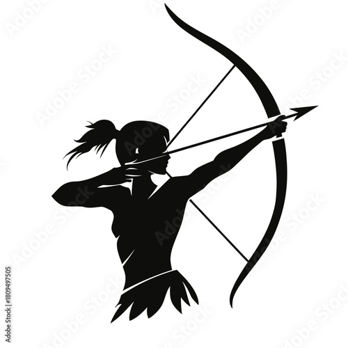 Female archer silhouette aiming bow with arrow drawn in dynamic pose black vector illustration minimalist style for hunting sport and precision concept design