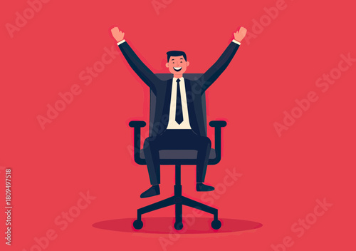 Happy businessman sitting on office chair celebrating new job career success with raised arms in flat minimalist style on red background