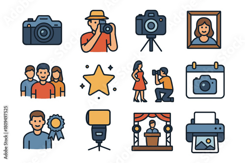 Photography icons collection featuring cameras and diverse photography scenes.
