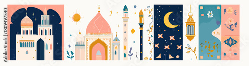 Set of minimalist Islamic vector illustrations featuring mosque architecture, crescent moon, lanterns, starry night sky, and decorative patterns for Ramadan and Eid celebration design