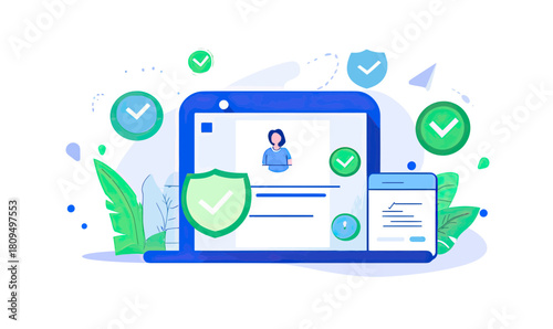 Secure online profile verification with check marks user identity protection concept flat illustration with laptop and smartphone devices shield badges and green ticks