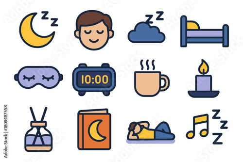 Sleep icons set: moon, bed, alarm clock, sleeping man, tea, candle.