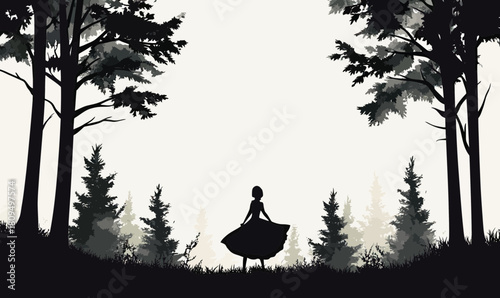 Silhouette of woman in flowing dress standing in misty forest clearing surrounded by tall pine and deciduous trees minimalist vector art