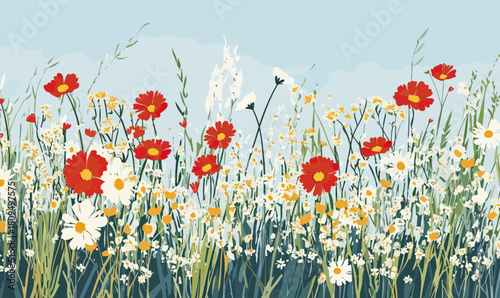 Colorful wildflower meadow with red, white, and yellow flowers in flat minimalist vector style summer landscape illustration with green grass and blue sky background