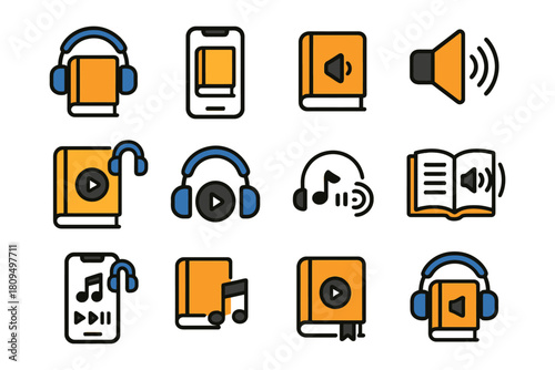 Colorful audiobook and music icon set with headphones and speakers.
