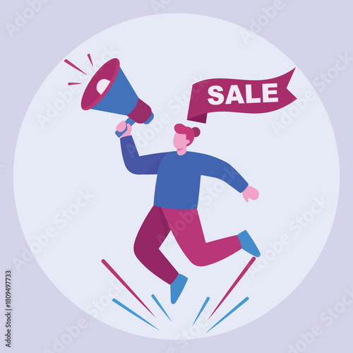 Modern Minimalist Illustration of an Energetic Person Leaping with a Megaphone Announcing a Sale Banner, Symbolizing Dynamic Promotional Marketing and Exciting Discount Offers