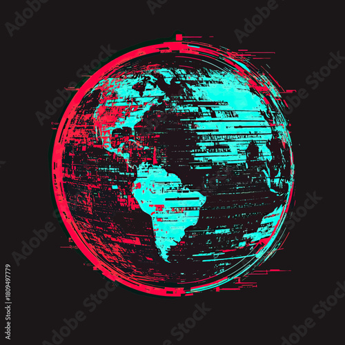 Digital glitch Earth globe with red cyan 3D anaglyph effect and pixel distortion on black background vector illustration futuristic technology concept
