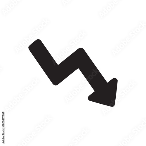 A simple black arrow pointing downwards with a zig zag shape on a white background plain design