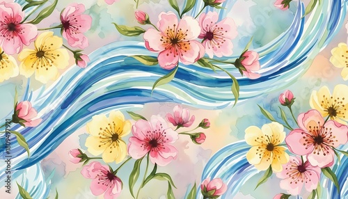 Watercolor Floral Wave Pattern with Pink and Yellow Blossoms