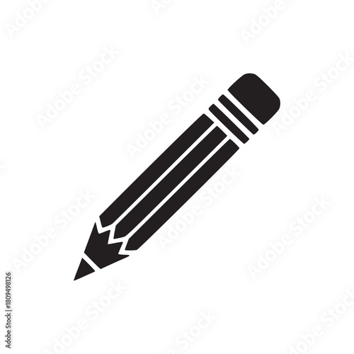 Isolated black and white graphic illustration of a pencil with an eraser on a white background