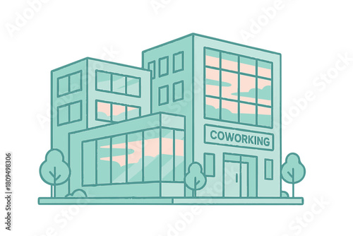 Coworking Space Building Monoline Illustration: Shared Office and Business Hub