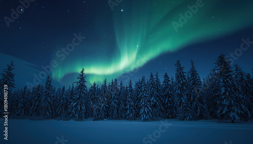 Stunning aurora borealis glowing in vibrant green hues above a deep, snow-covered pine forest. A serene winter night landscape capturing the beauty of the northern lights