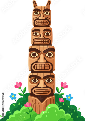 Carved wooden totem pole with expressive faces and floral details