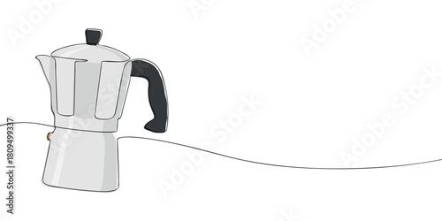 Minimal line art illustration of a moka pot with a handle and lid, creating a clean and modern representation of a classic stovetop coffee maker