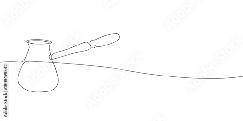 Single line drawing of a cezve with long handle on a white background, minimalist outline illustration with horizontal composition and copy space