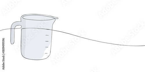 Minimal one line illustration of a transparent measuring cup with a handle and volume marks on a clean white background