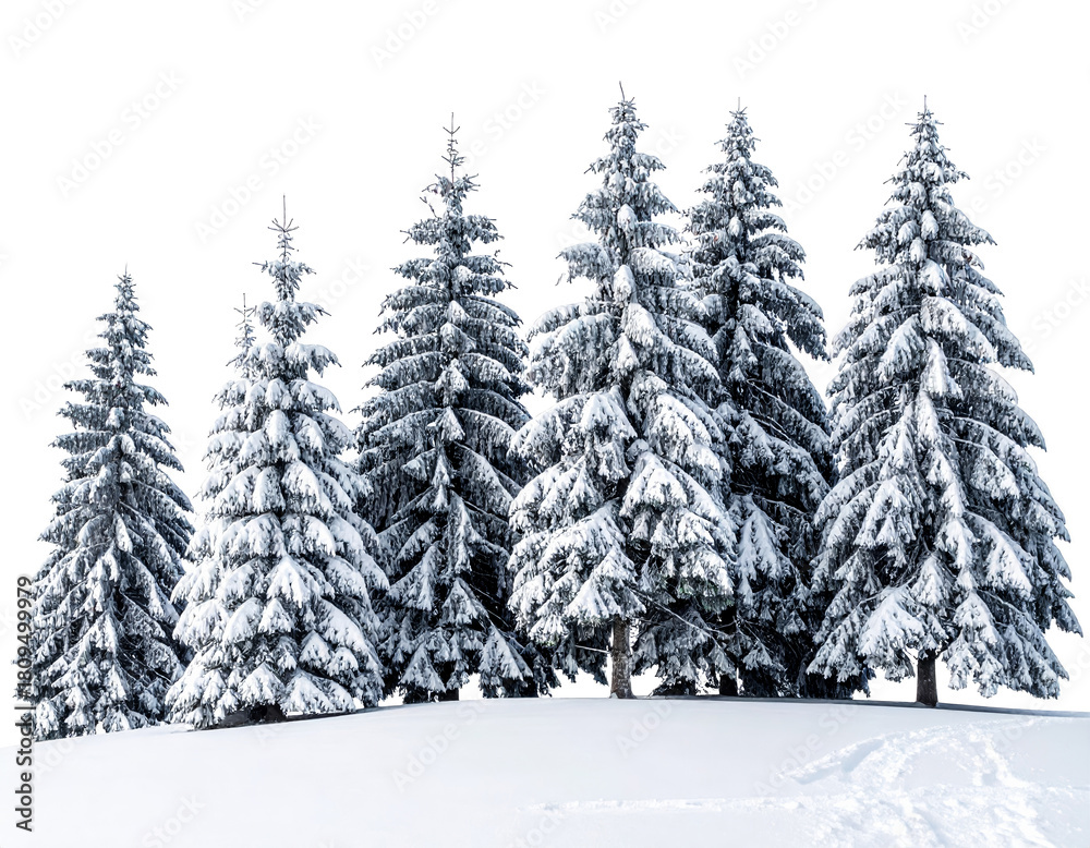 Fototapeta premium Snow covered pine trees isolated on transparent background.