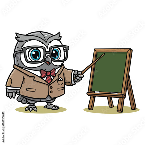 A wise cartoon owl professor wearing glasses and a suit pointing to a blank chalkboard with a stick.