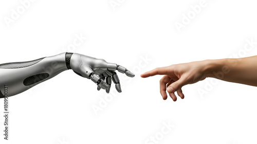 Human and robot hands touching symbolizing connection and artificial intelligence