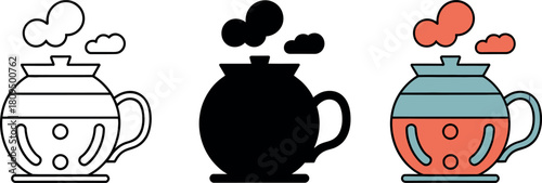 Three Teapots in Different Styles Representing Hot Drinks and Relaxation with Visual Simplicity