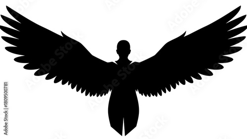 Black silhouette of a winged humanoid with arms outstretched