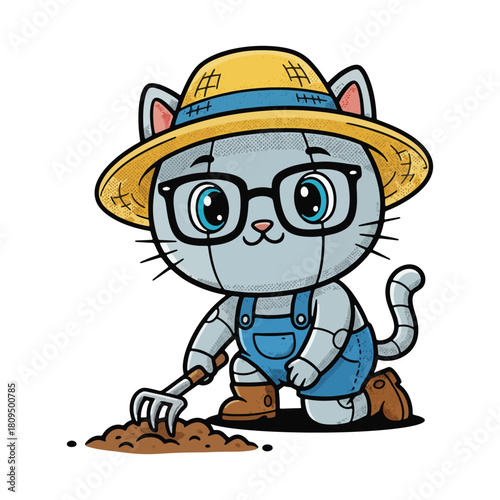 Cute cartoon robot cat farmer wearing a straw hat and overalls gardening with a rake.
